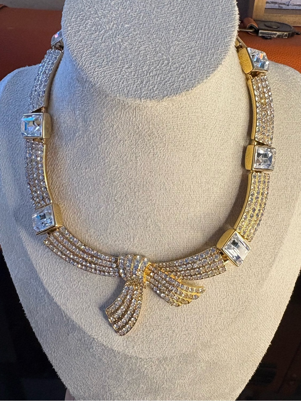 Monet Gold Bow Crystal Collar Necklace with Clear Stones
